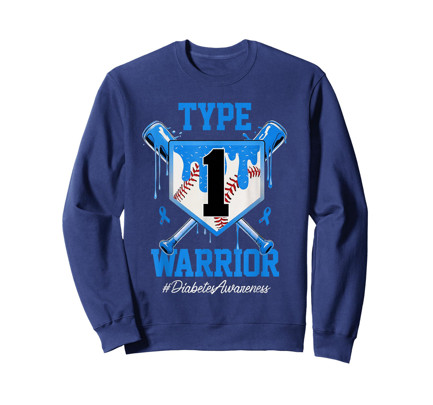 T1D Warrior Baseball Drip Diabetes Awareness Blue Ribbon T-Shirt