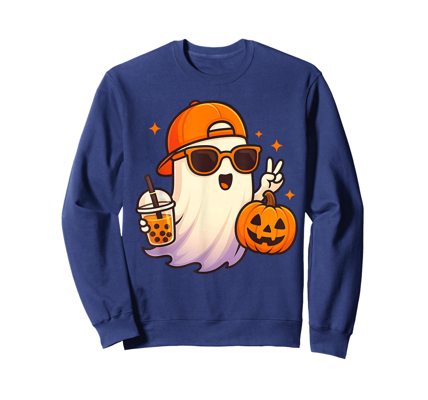 Kawaii Ghost Drinking Pumpkin Boba Tea Cute Ghost Halloween T-Shirt