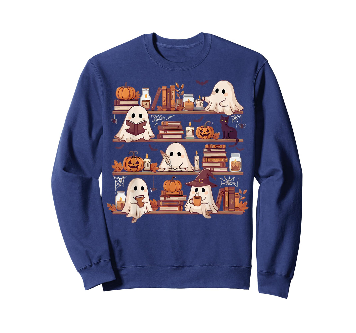 Retro Ghosts Reading Book Halloween Bookshelf Spooky Library T-Shirt