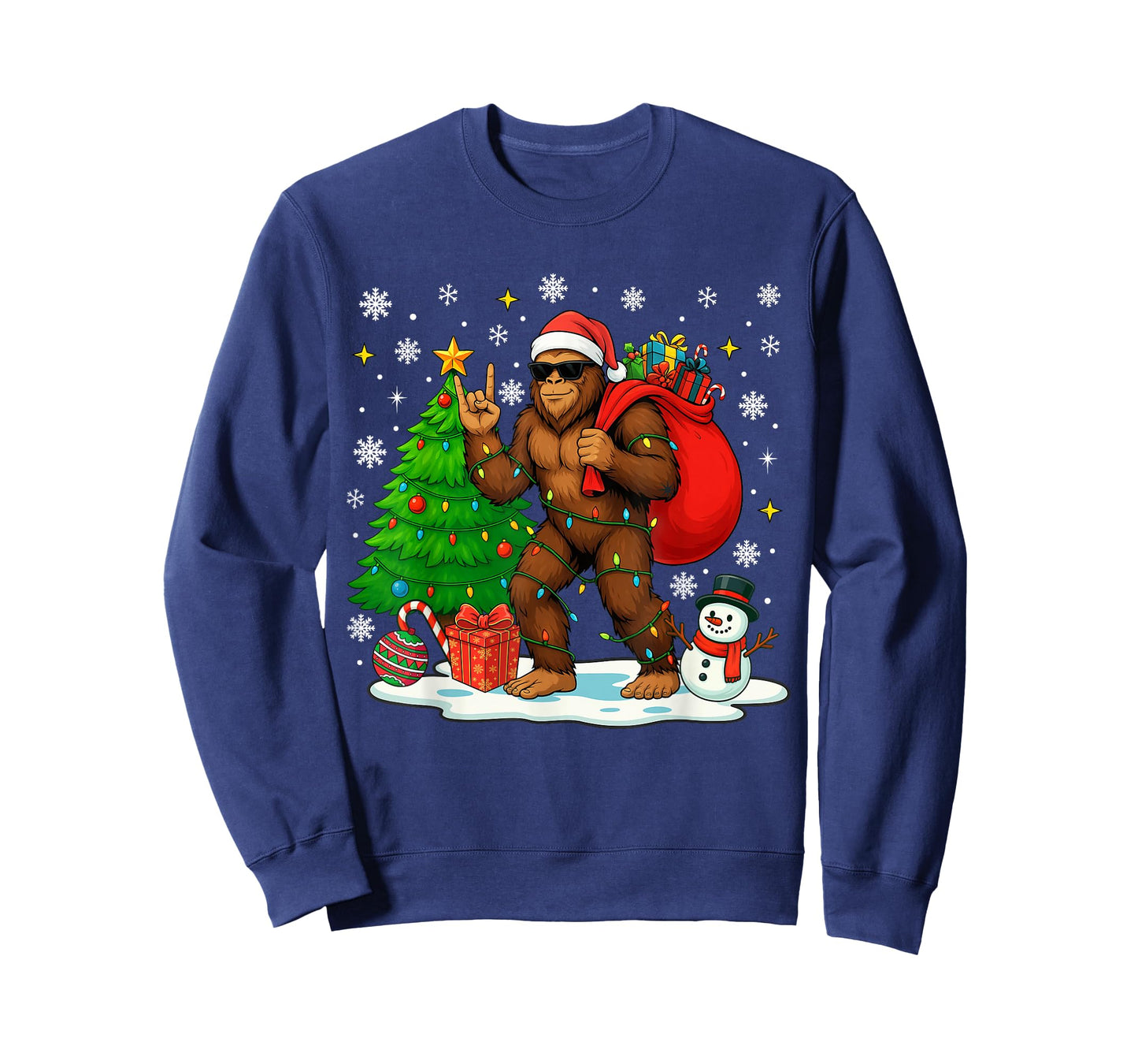 Santa Bigfoot Christmas Tree Lights Boys Men Sasquatch Lover T-Shirt