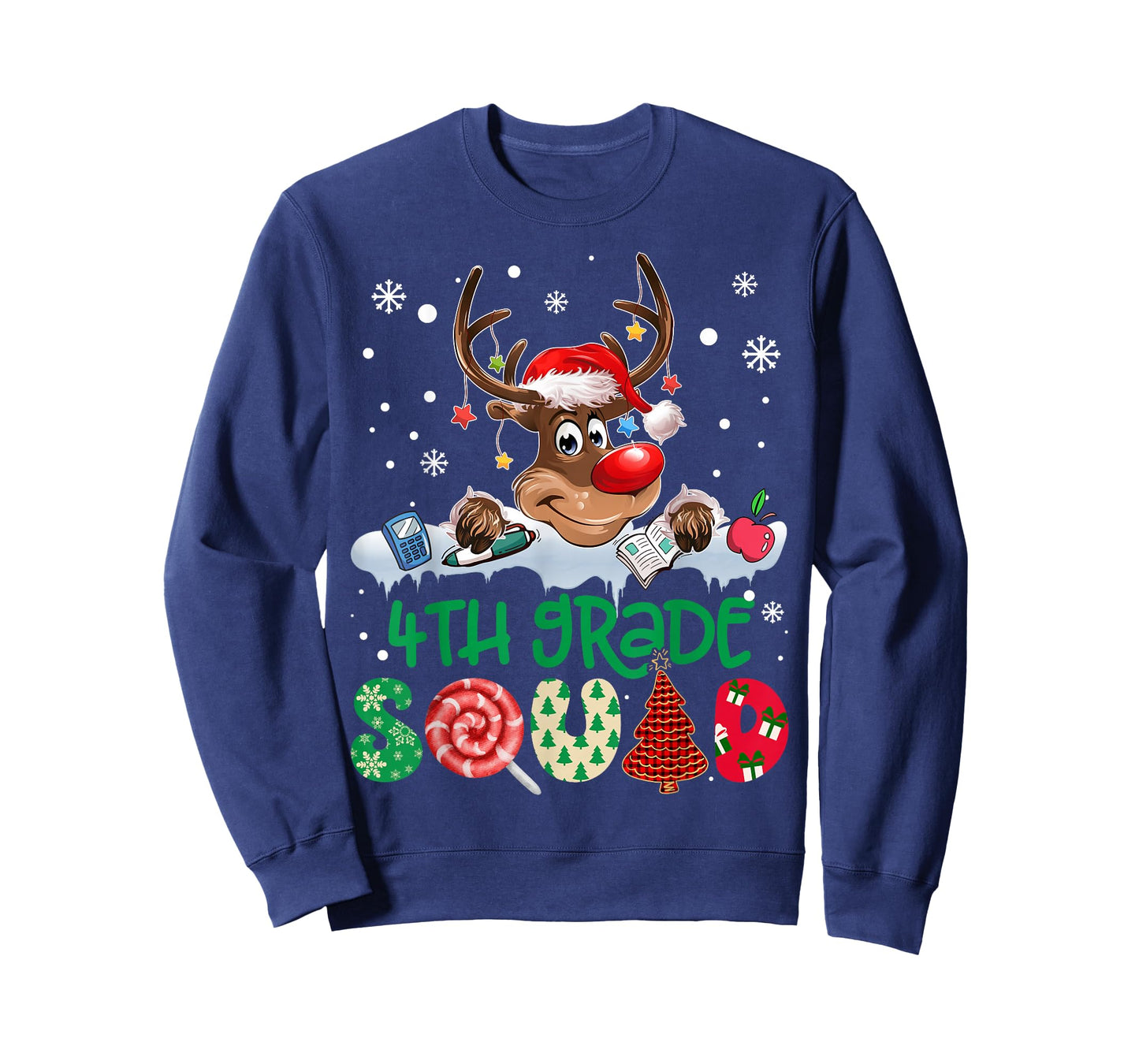 Reindeer Santa Hat 4th Grade Squad Teacher Christmas Kids T-Shirt
