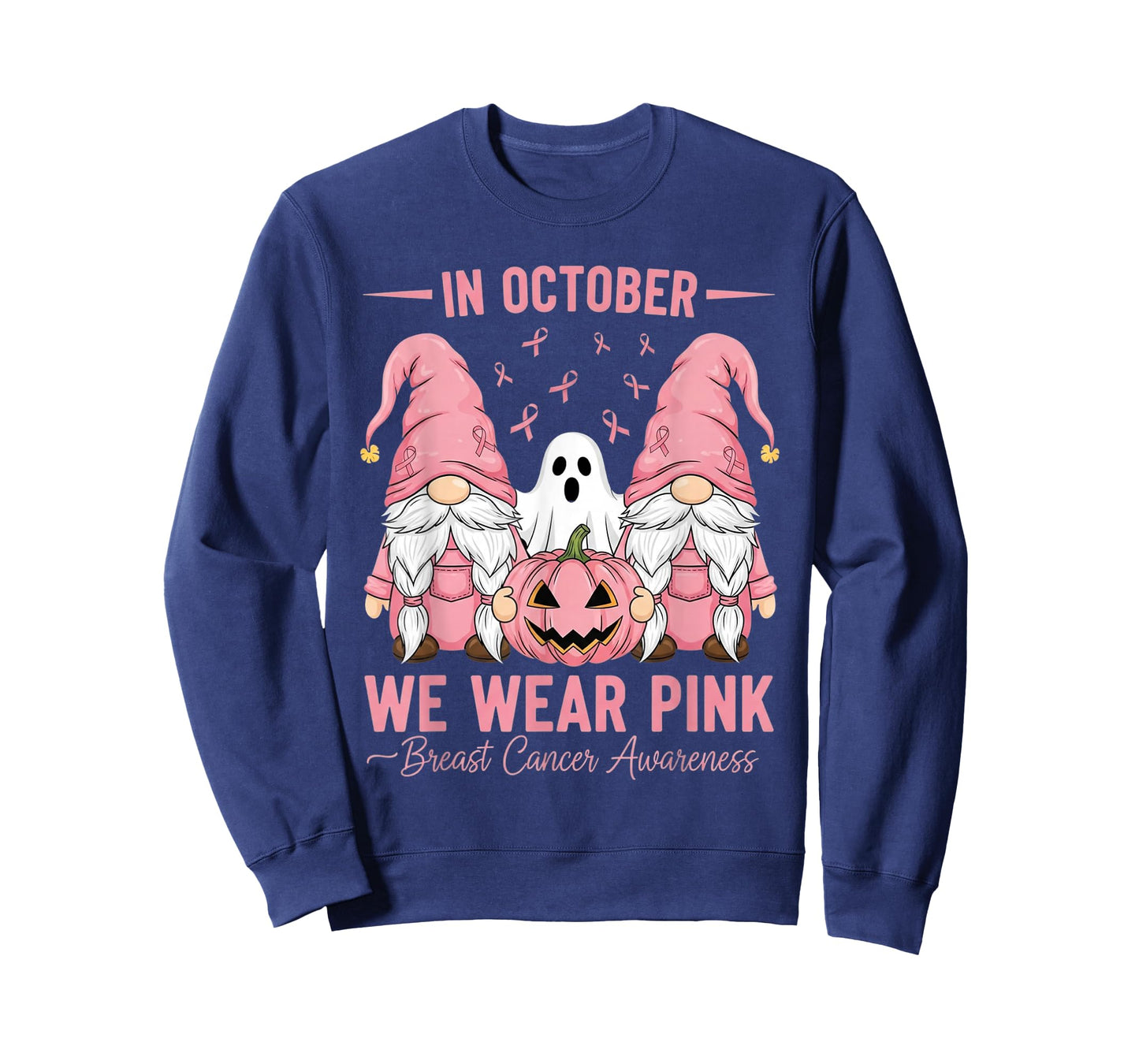 in October We Wear Pink Breast Cancer Gnomes Halloween Ghost T-Shirt