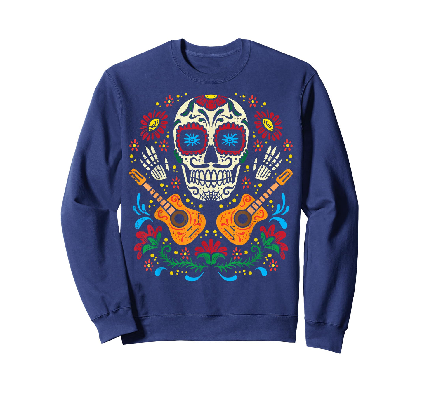 Sugar Skull Flowers Guitar Dia De Muertos Mexican Halloween T-Shirt