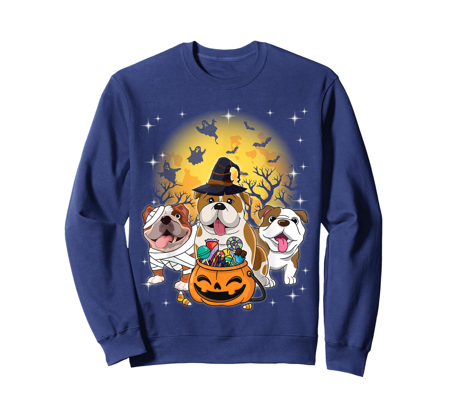 English Bulldog Mummy Witch Dog Moon Ghosts Halloween Day T-Shirt for Men Women Kids