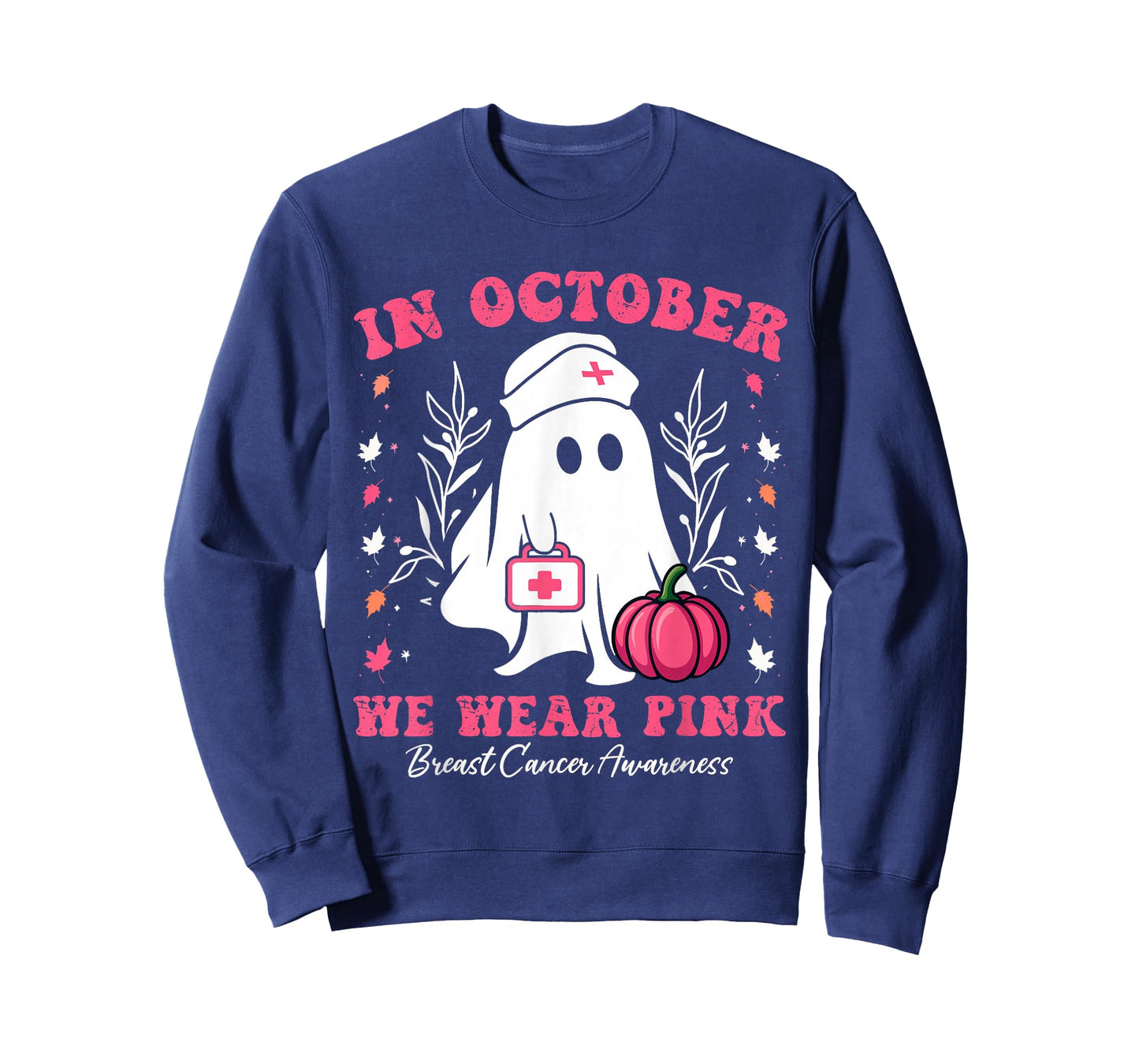 in October We Wear Pink Nurse Ghost Halloween Breast Cancer T-Shirt
