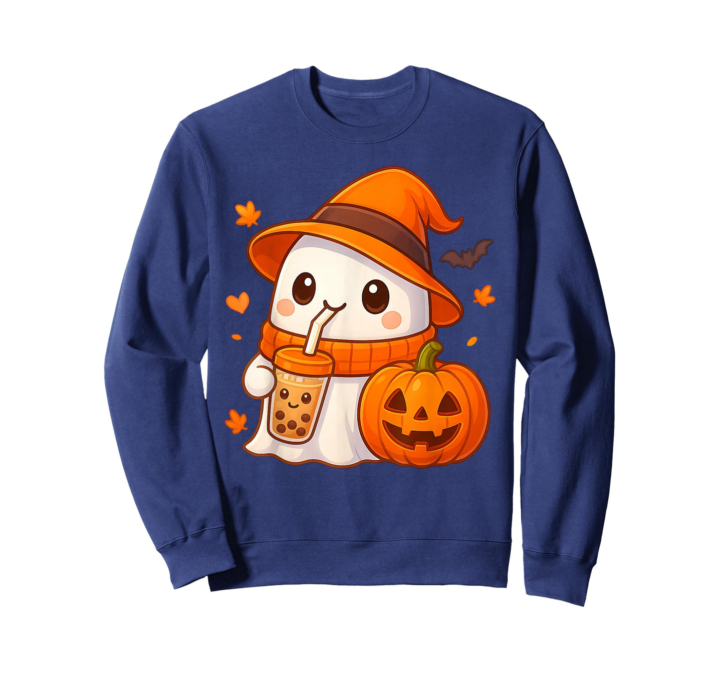 Kawaii Ghost Drinking Pumpkin Boba Tea Cute Ghost Halloween T-Shirt