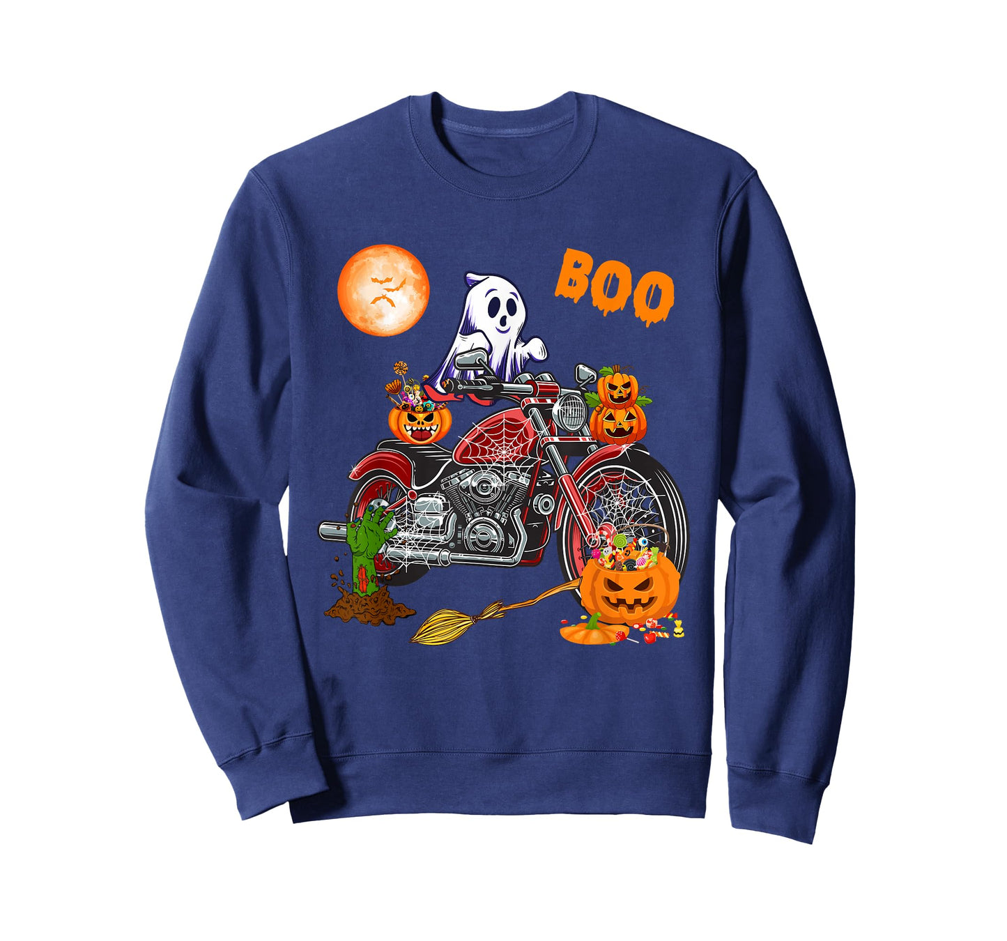 Boo Ghost Riding Motorcycle Horror Candy Bag Carved Pumpkin T-Shirt