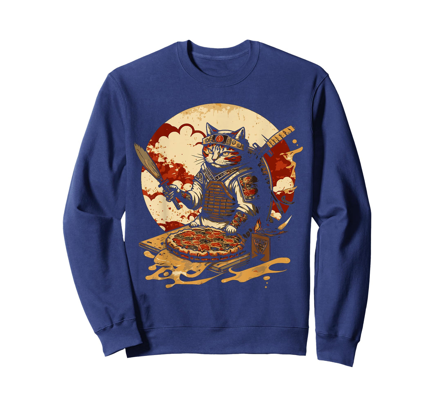 Japanese Sunset Samurai Cat Eat Pizza Anime Ninja Kitten T-Shirt for Men Women