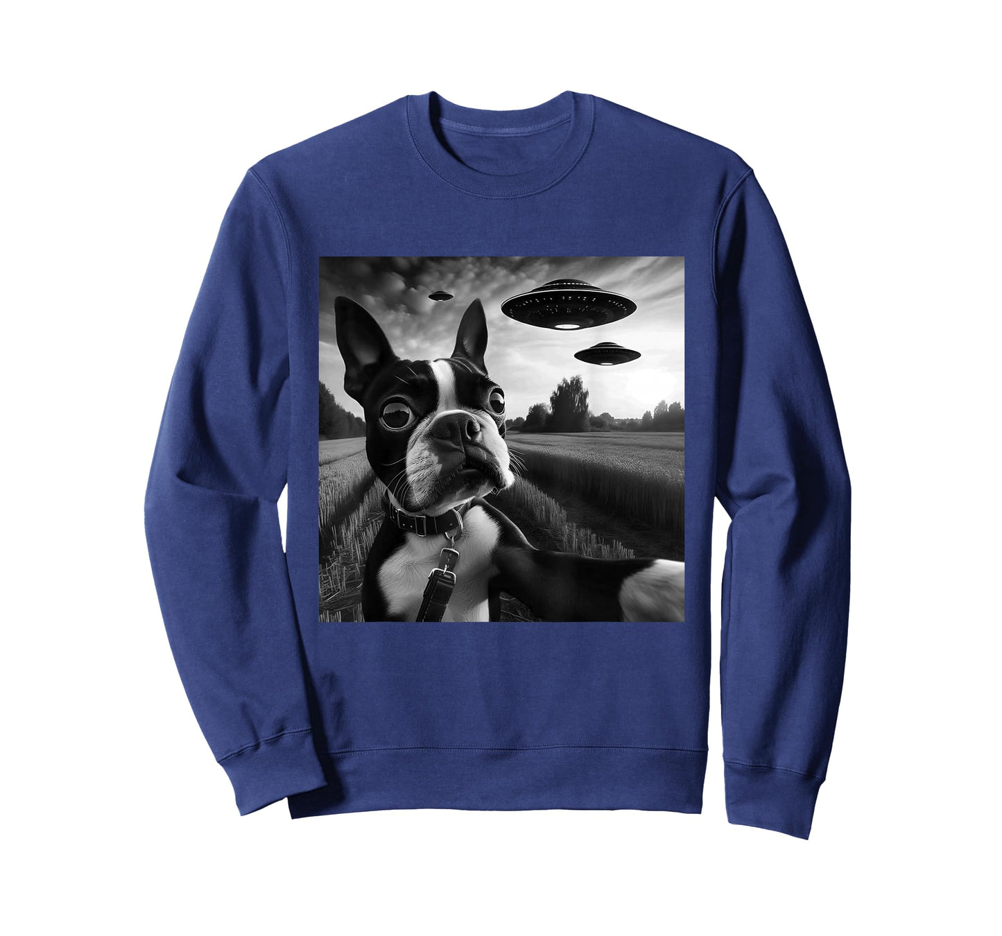 Boston Terrier Funny Graphic Selfie with UFOs Weird Aliens T-Shirt