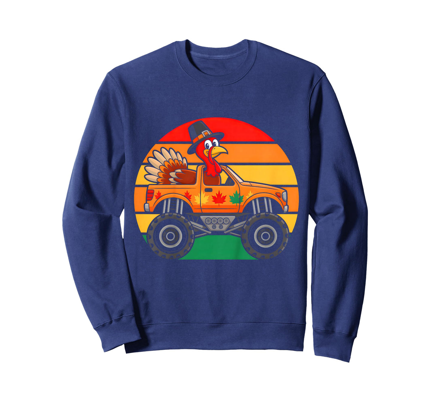 Kids Monster Truck Turkey Sunset Retro Funny Thanksgiving Boys T-Shirt