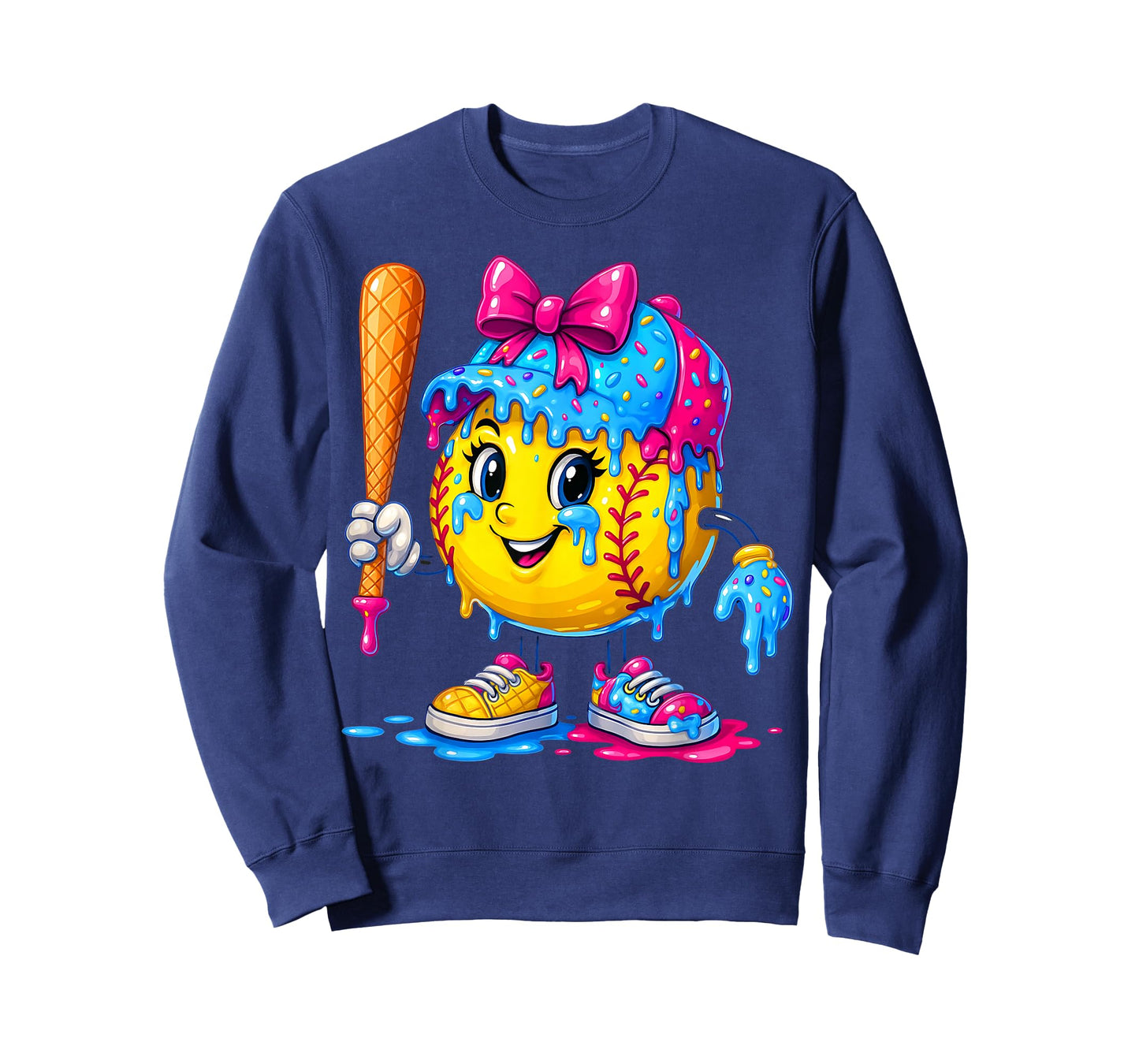 Softball Girls Ice Cream Drip Bat Sweet Sport Youth Game Day T-Shirt