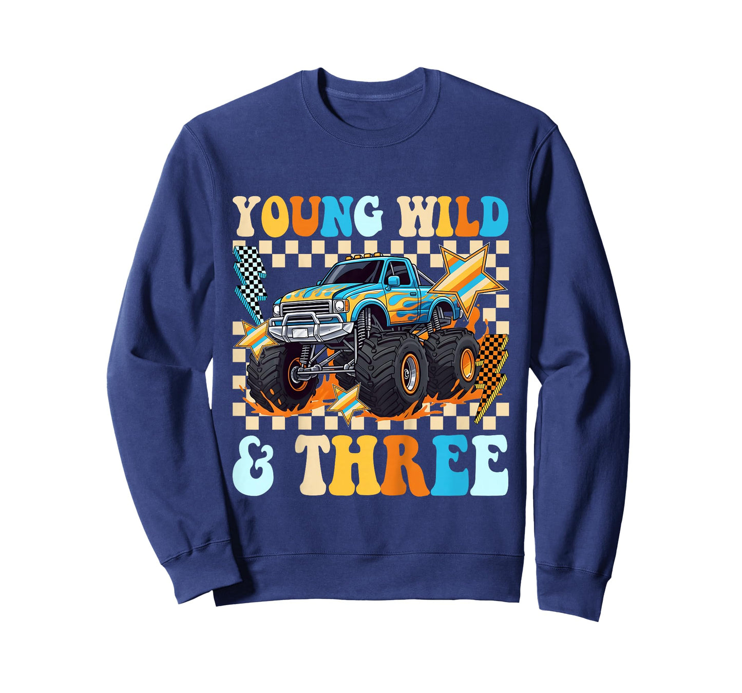 3rd Birthday Monster Truck Young Wild and Three Checkered T-Shirt