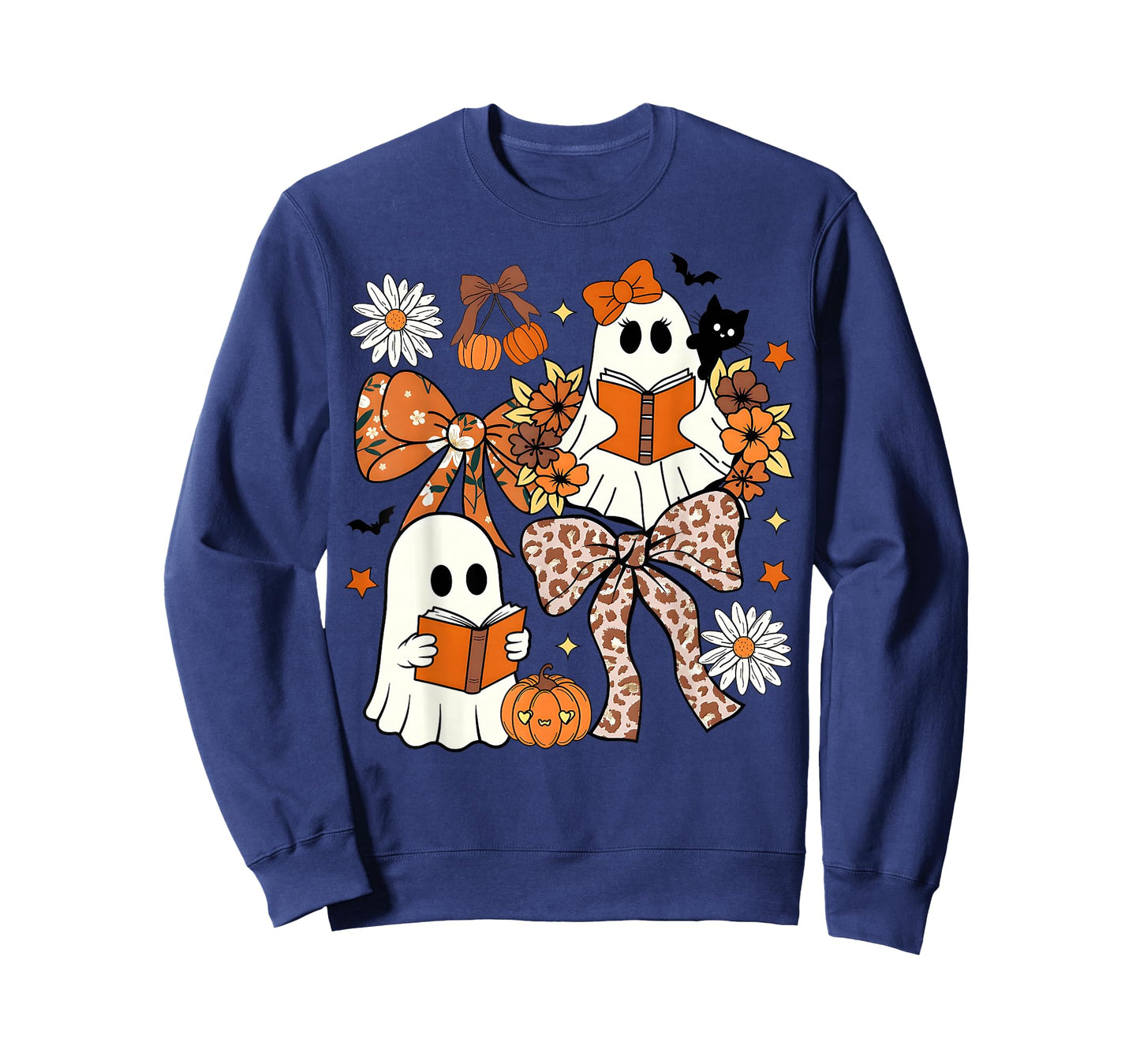 Ghost Reading Books Leopard Pumpkin Coquette Bow Halloween T-Shirt