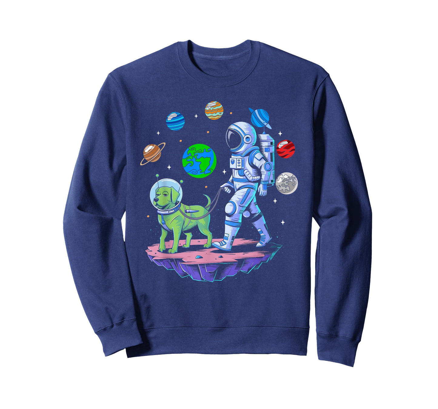Astronaut Walking Alien Dog in Space with Planets Art T-Shirt