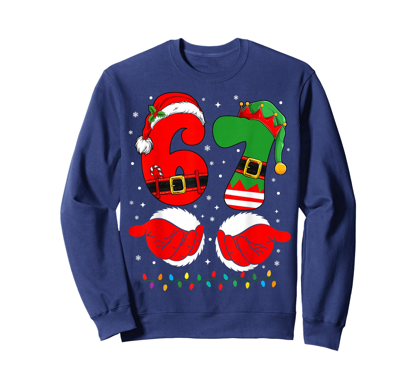 6 7 Six Seven Meme Christmas Santa Hands Elf Xmas Light T-Shirt