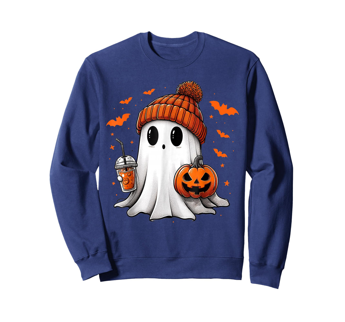 Cute Ghost Drinking Ice Coffee Halloween Pumpkin Mens Womens T-Shirt