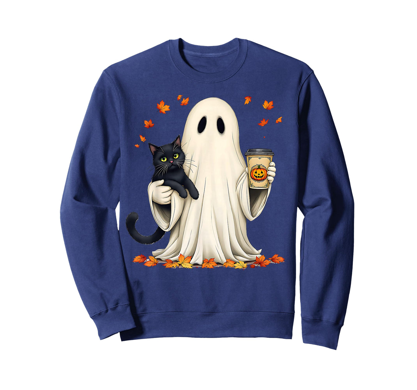 Ghost Holding a Cat with Pumpkin Coffee Halloween & Autumn T-Shirt
