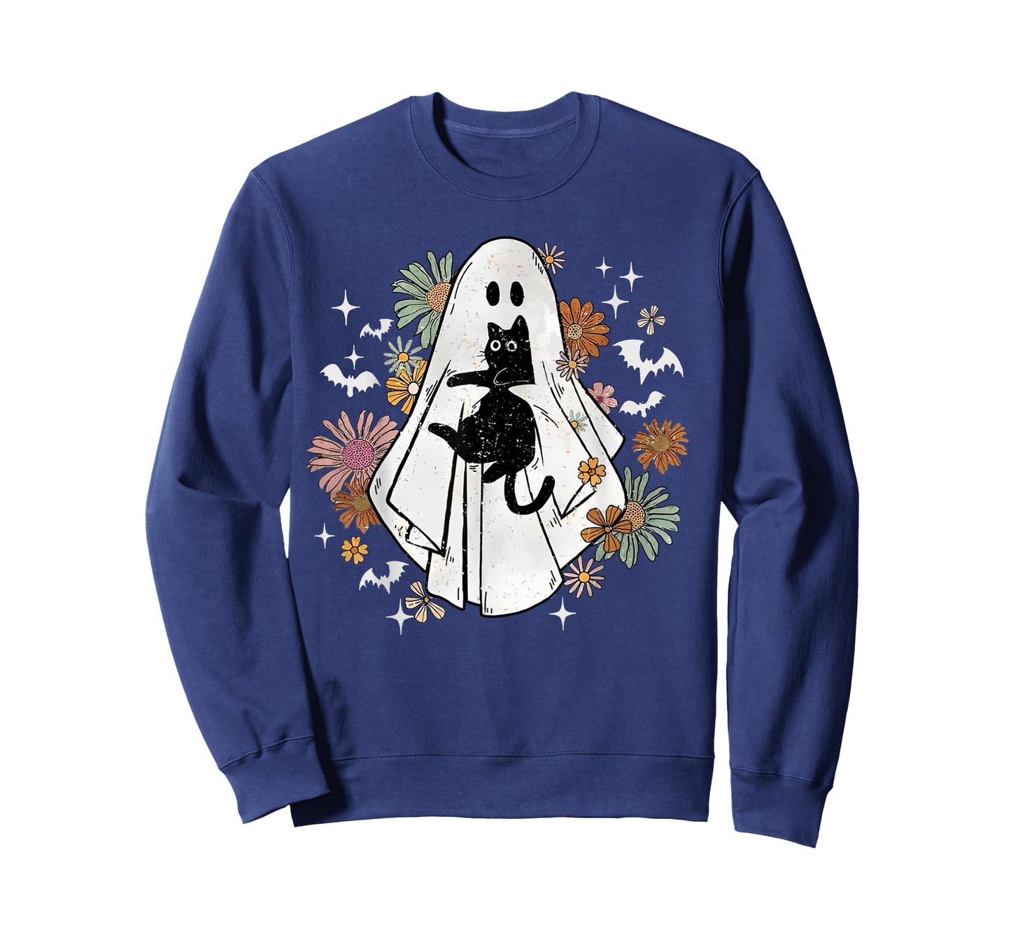Spooky Ghost Holding Black Cat Groovy Floral Halloween Goth T-Shirt