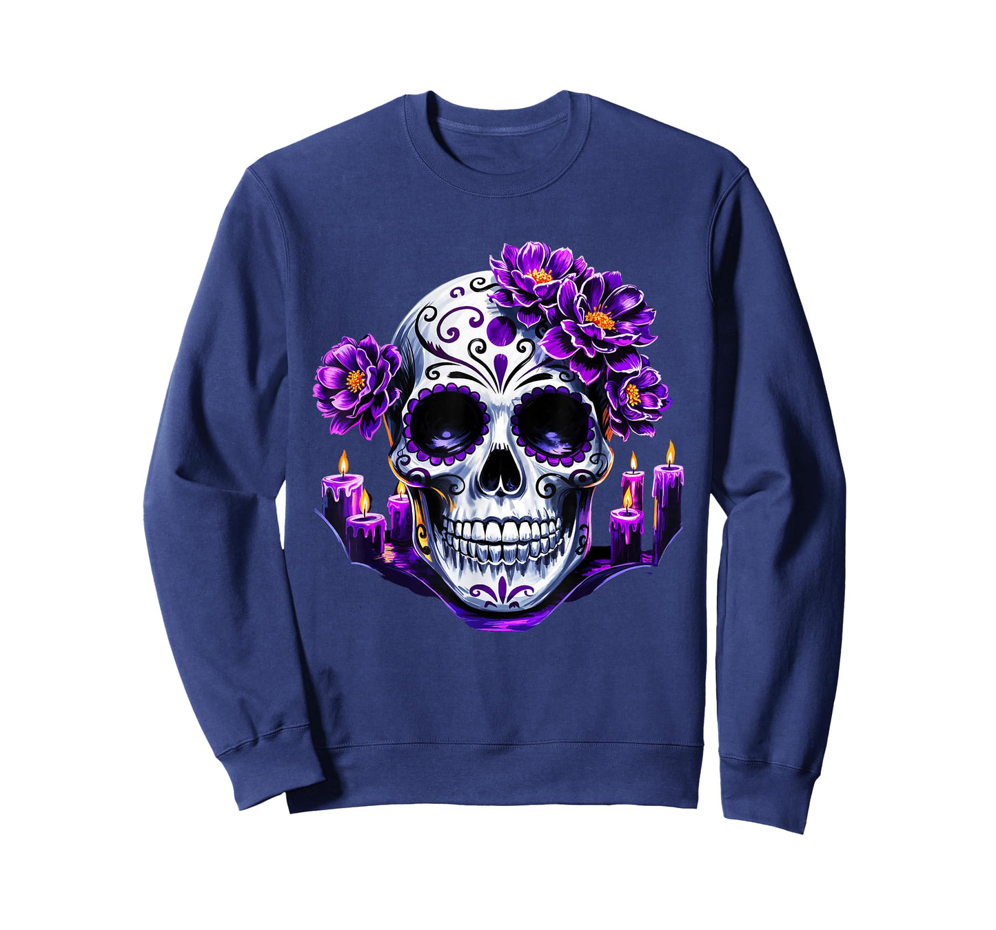 Purple Floral Black Sugar Skull Day of The Dead Mexican Pray T-Shirt