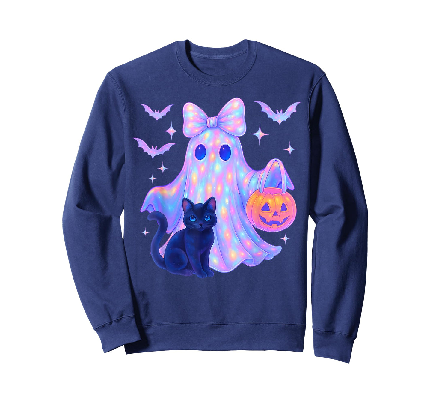 Floral Colorful Ghost Black Cat Coquette Bow Halloween Women T-Shirt