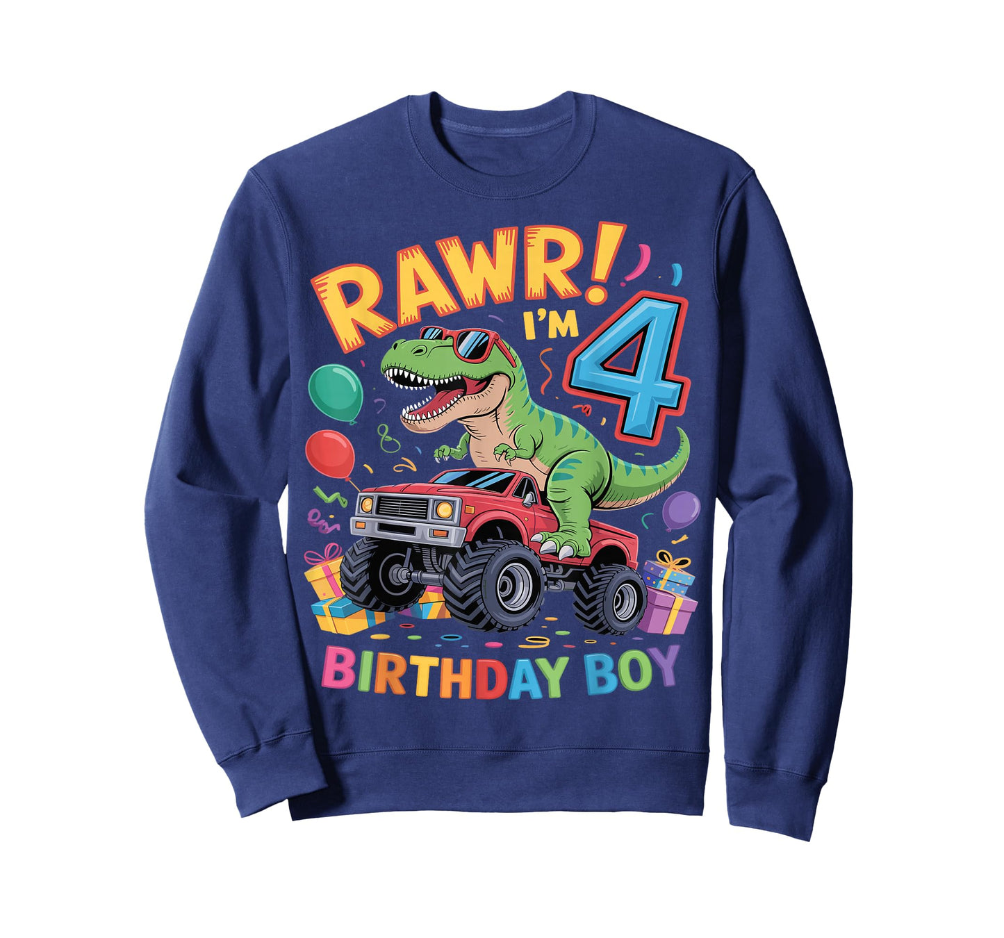 Rawr I'm 4 Dinosaur Monster Truck Birthday Boy T-Shirt
