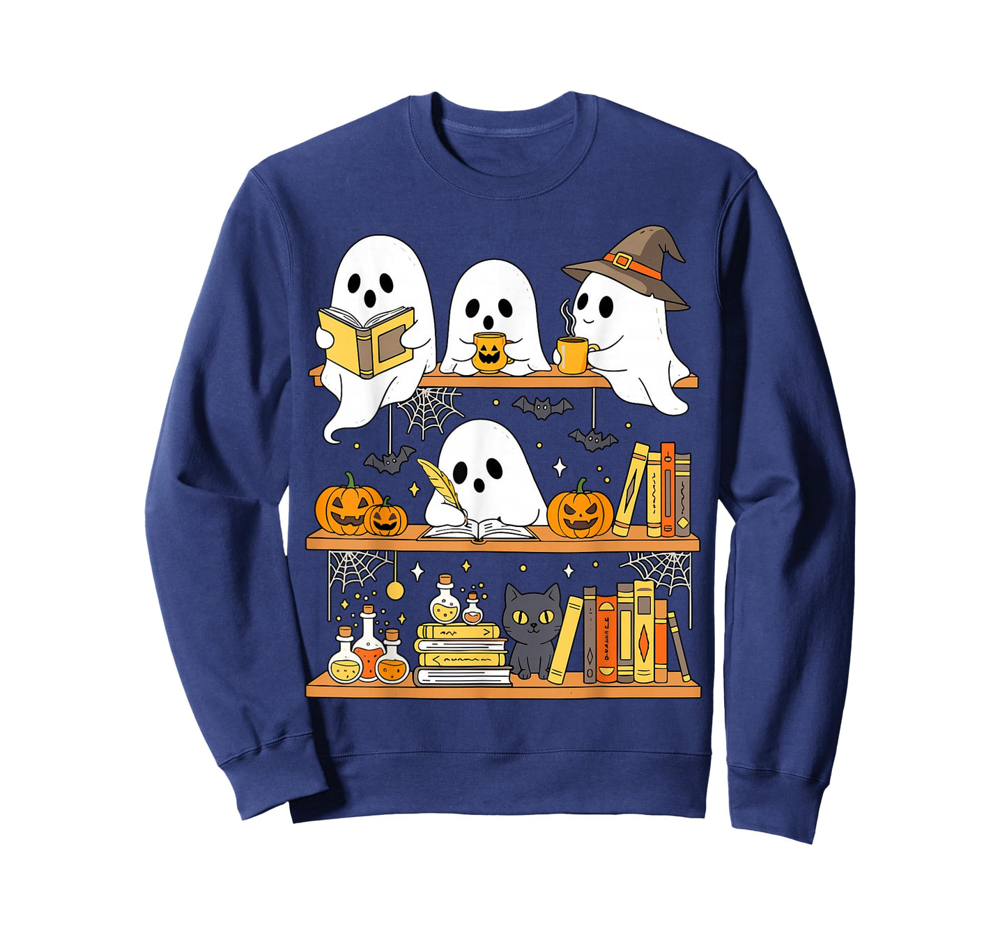 Cute Halloween Ghost Bookshelf Cat Book Lover T-Shirt