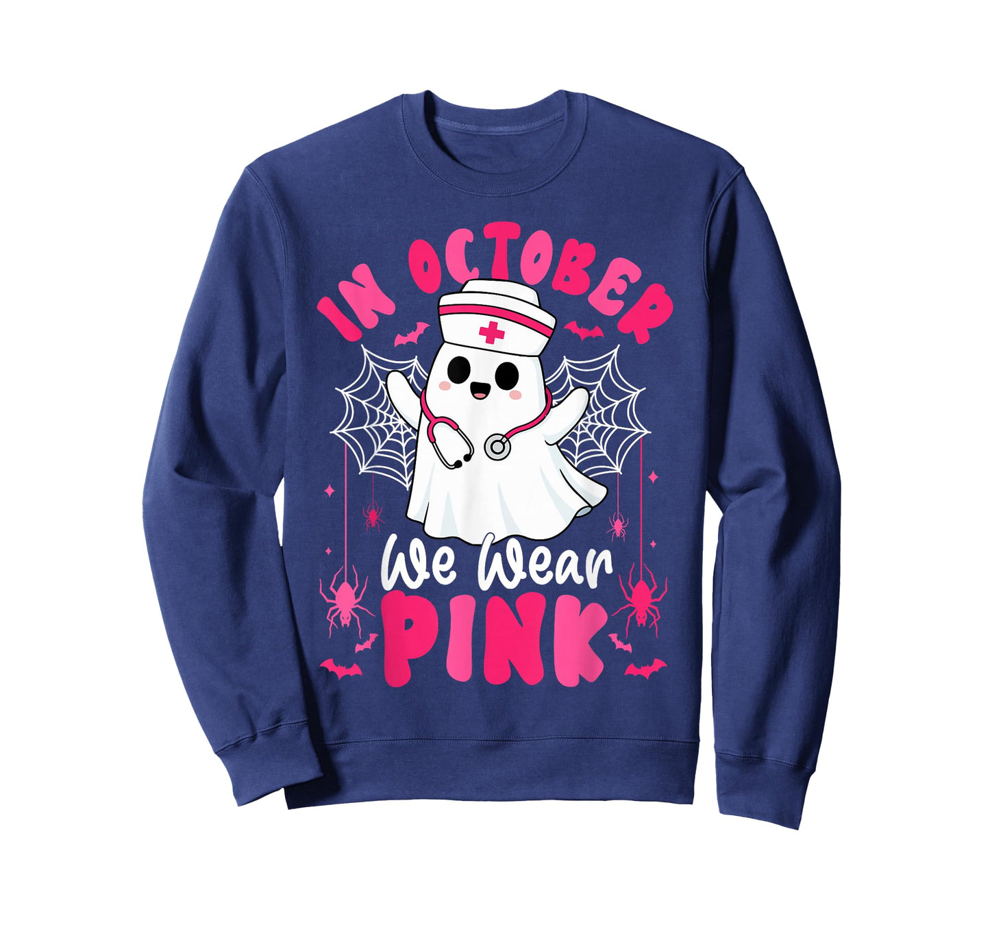 in October We Wear Pink Ghost Nurse Breast Cancer Awareness T-Shirt