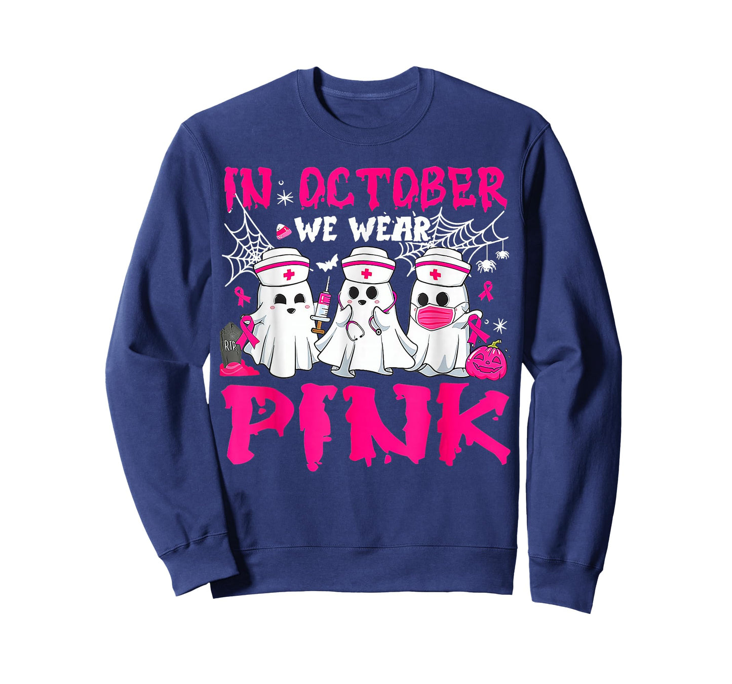 In October We Wear Pink Nurse Ghost Halloween Breast Cancer T-Shirt