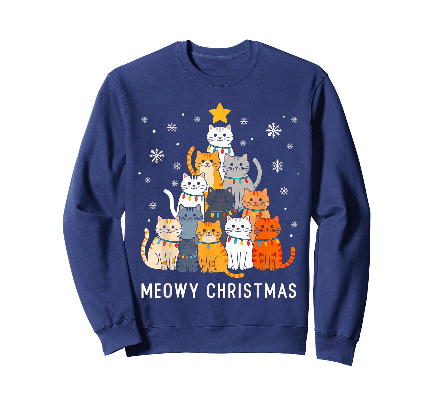 Cute Cat Meowy Christmas Tree Lights Santa Hat Xmas Pajamas T-Shirt
