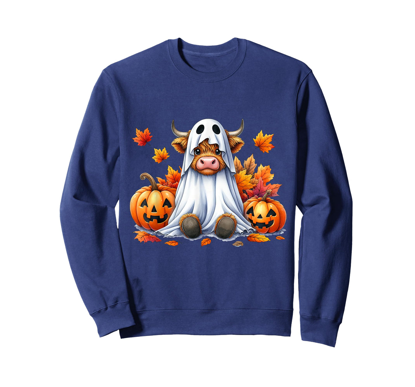 Funny Halloween Highland Cow Ghost Spooky Pumpkin Hello Fall T-Shirt