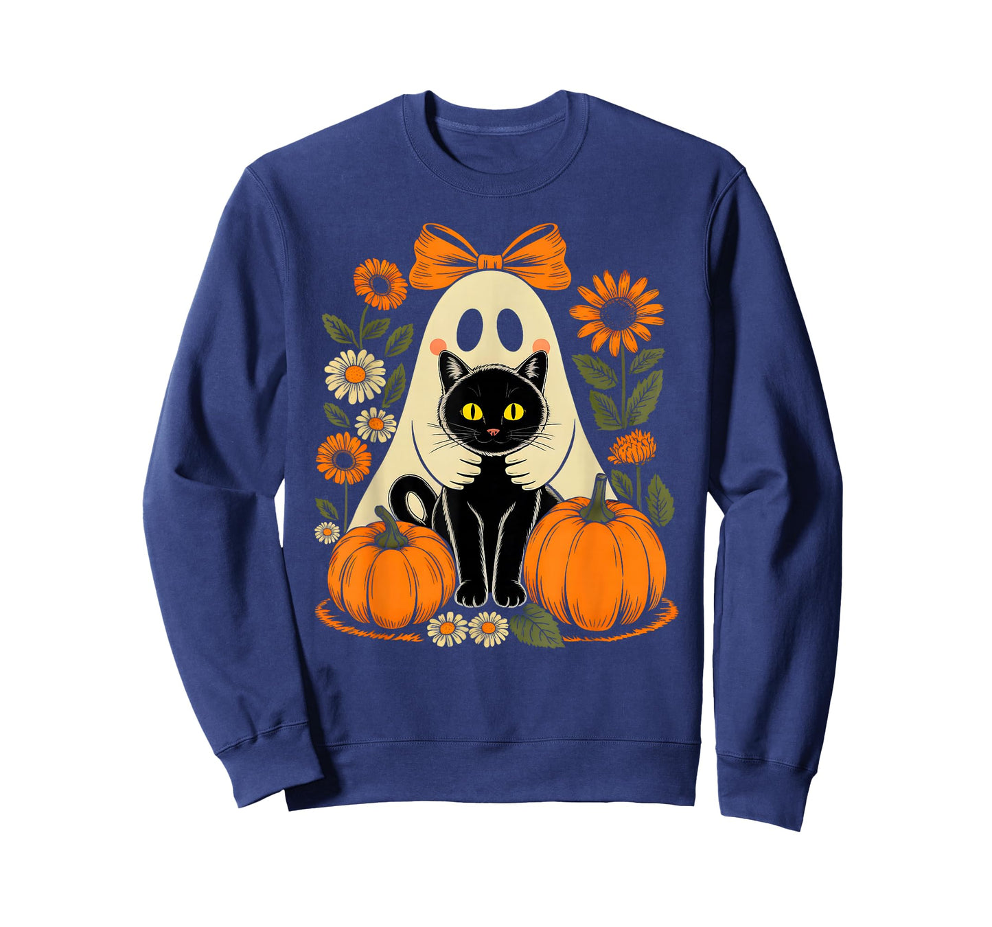 Retro Floral Ghost Coquette Bow Pumpkin Halloween Black Cat T-Shirt