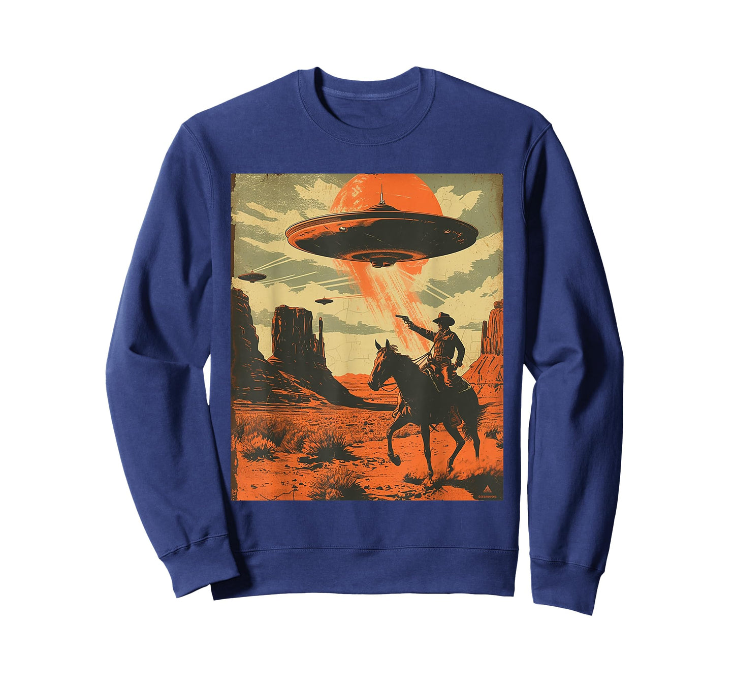 Retro Desert Cowboy Riding Horse Shooting At Space UFO Art T-Shirt