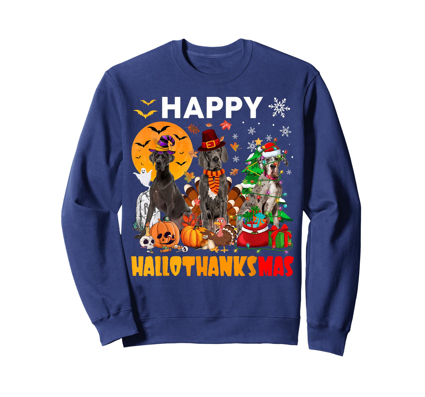 Funny Witch Turkey Santa Great Dane Dog Happy HalloThanksMas T-Shirt
