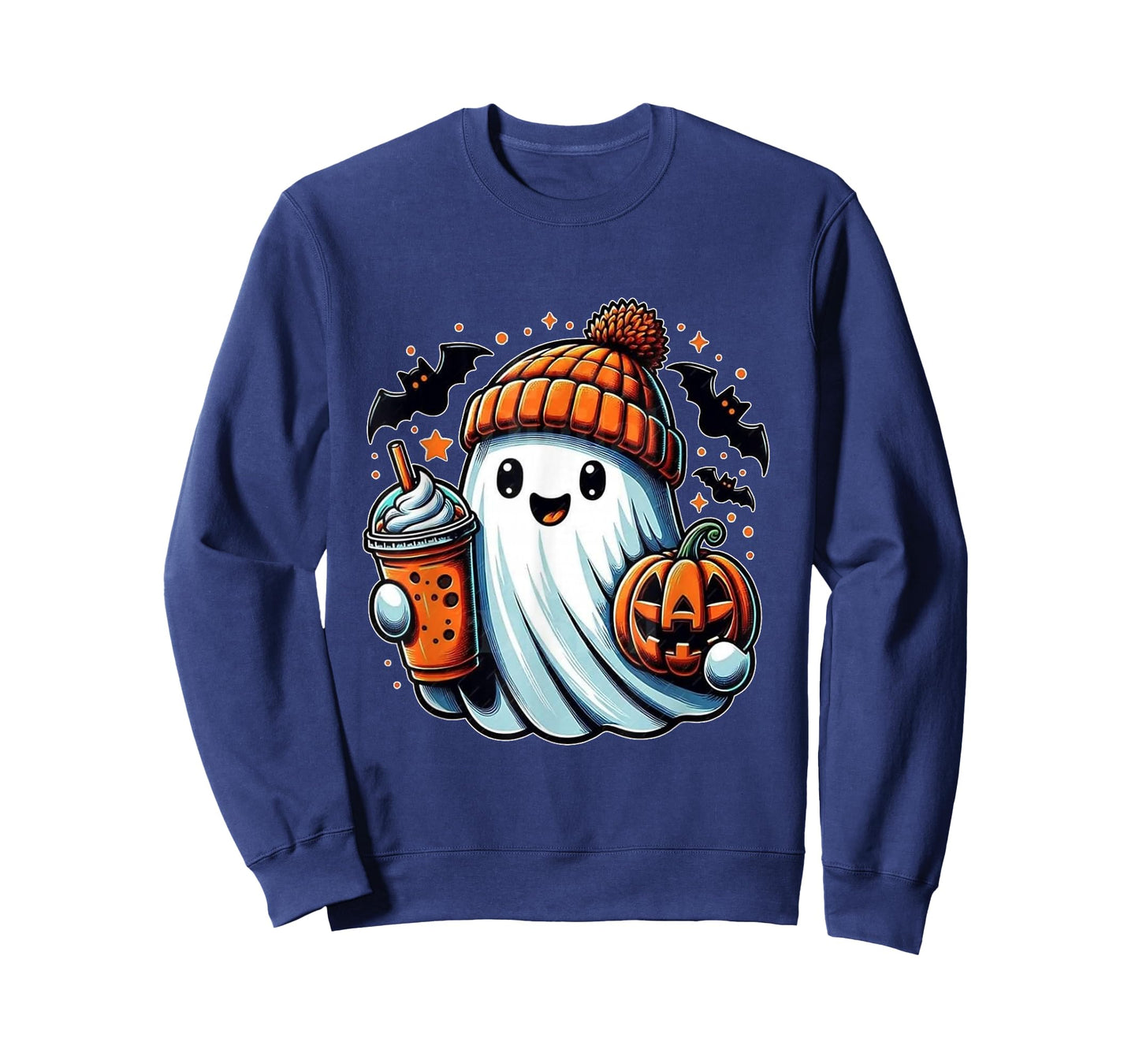 Cute Ghost Drinking Ice Coffee Halloween Pumpkin Mens Womens T-Shirt