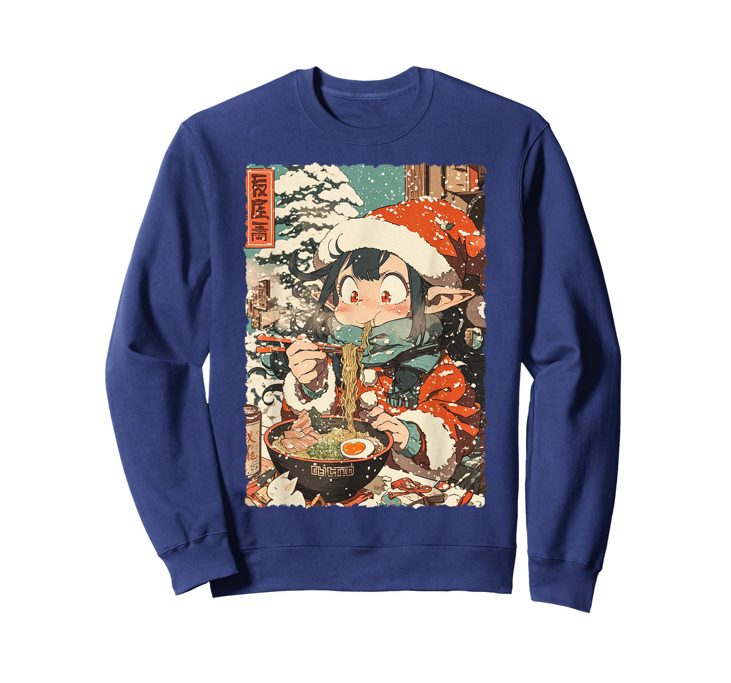 Funny Christmas Anime Kawaii Elf Girl Eating Ramen Noodles T-Shirt