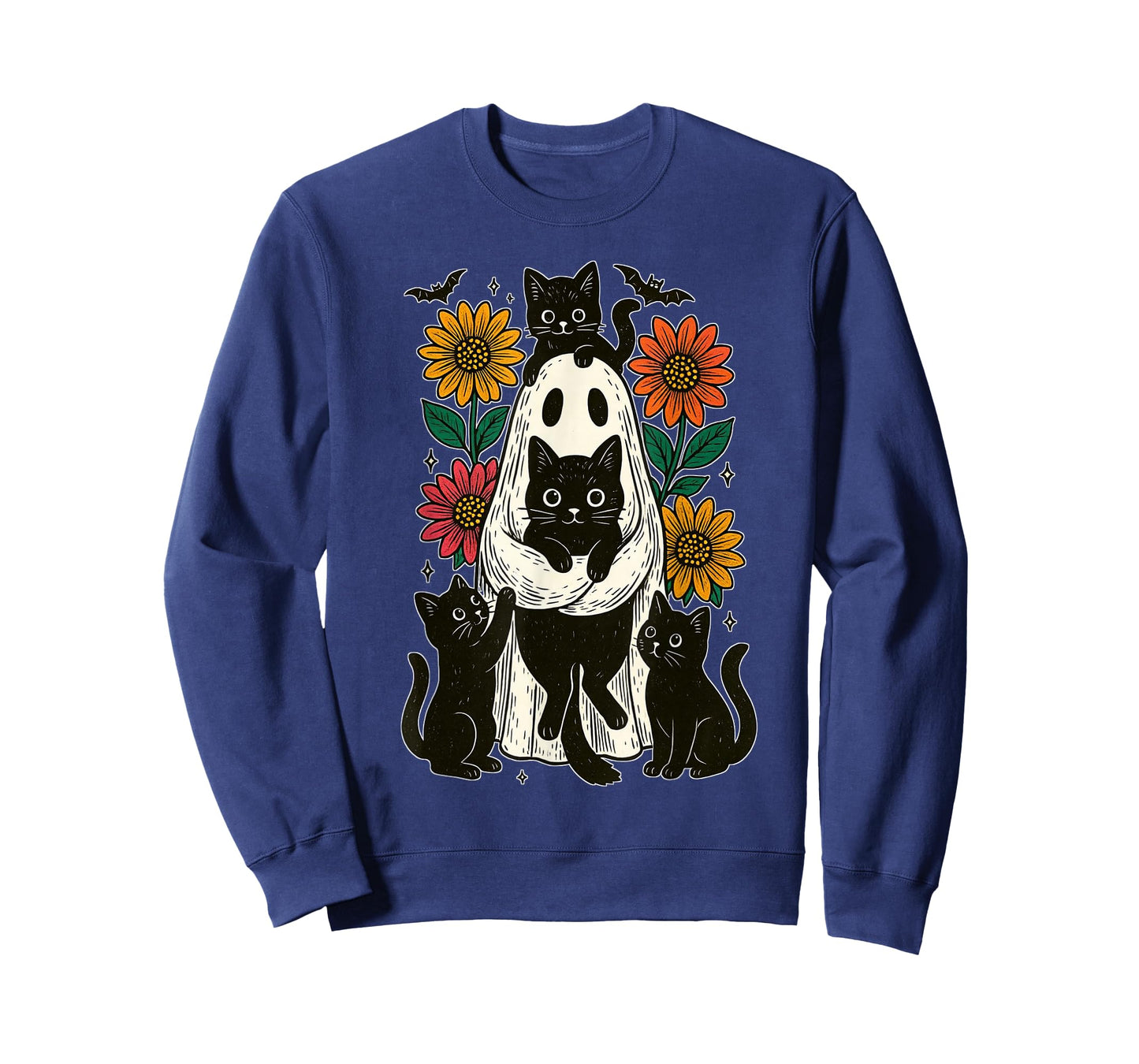 Vintage Halloween Ghost Holding Black Cat Groovy Floral T-Shirt