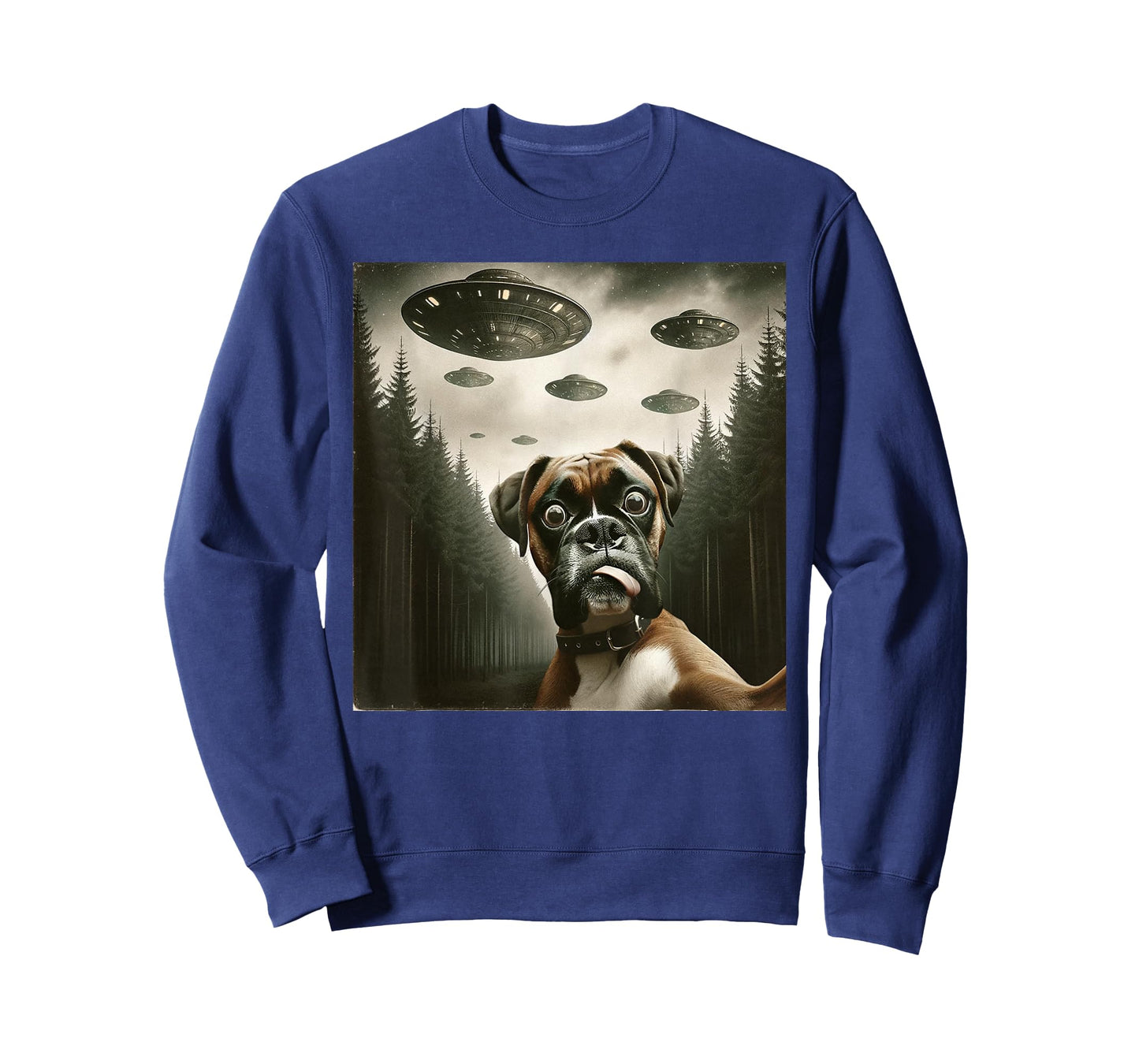 Funny Boxer Dog Selfie with UFOs Alien Mens Womens Dog T-Shirt