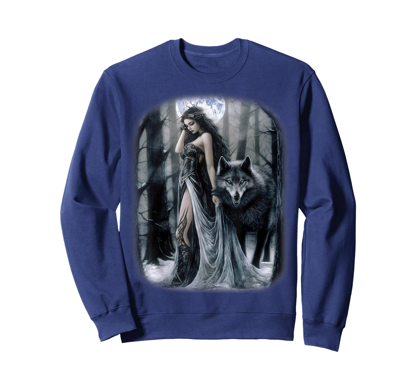 Woman and Gray Wolf in Forest Moon Fantasy Art Painting T-Shirt