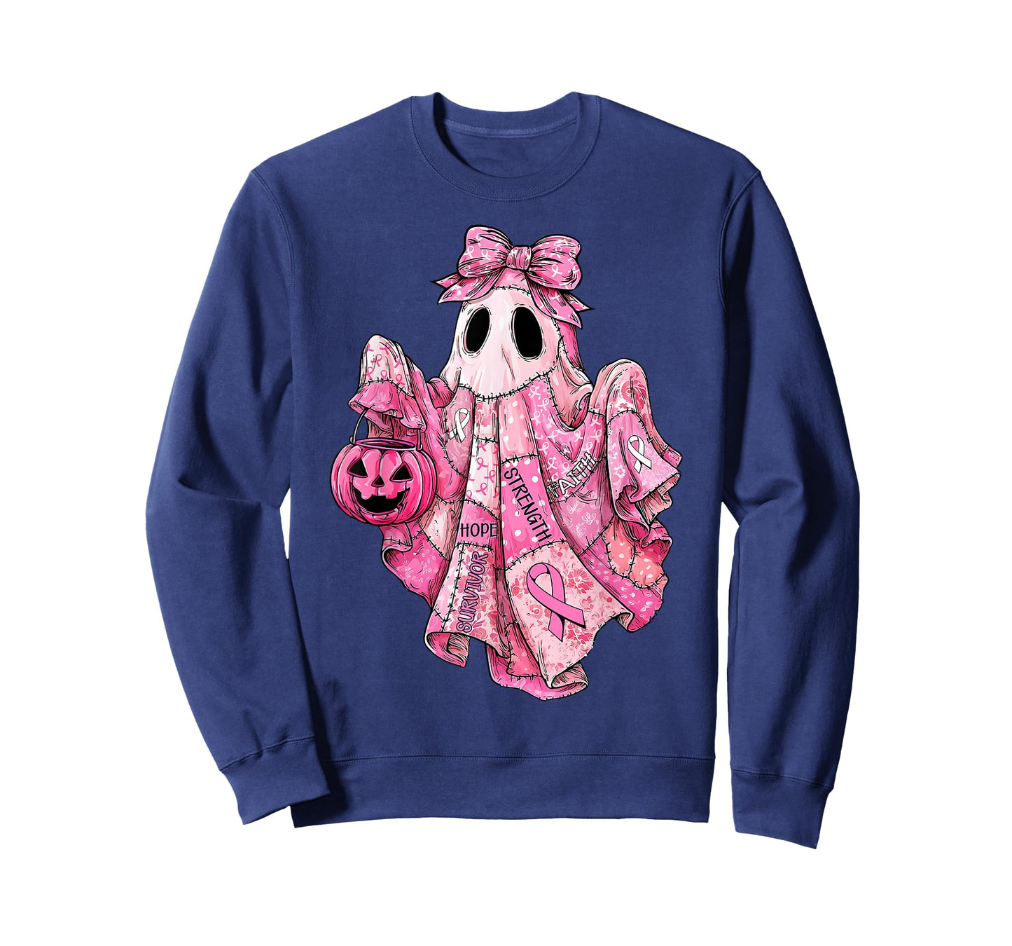 Breast Cancer Pink Ribbon Patchwork Ghost Halloween Women T-Shirt