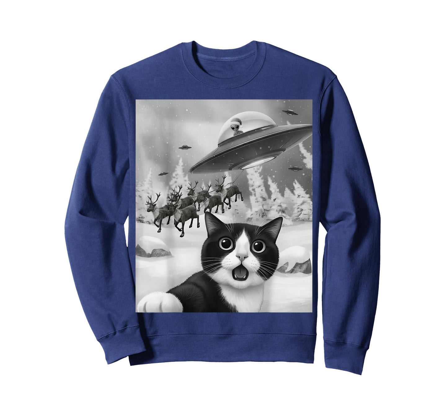 Tuxedo Cat UFO Alien Reindeer Christmas Air Selfie T-Shirt