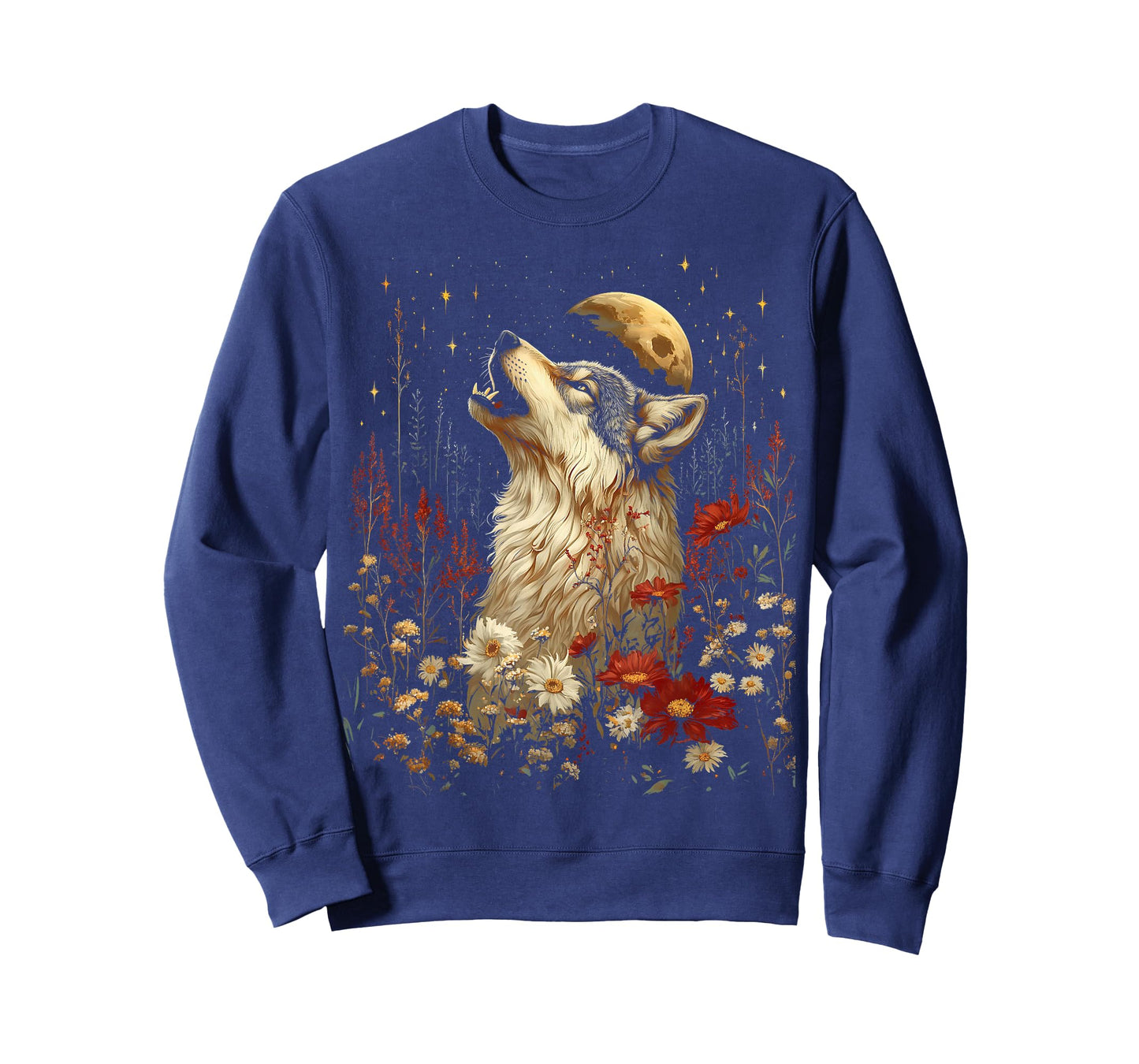 Boho Wolf Howling at the Moon Floral Mystical Graphic Women T-Shirt