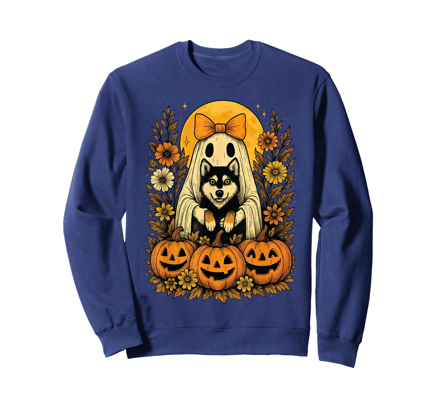 Vintage Halloween Ghost Holding Siberian Husky Dog T-Shirt