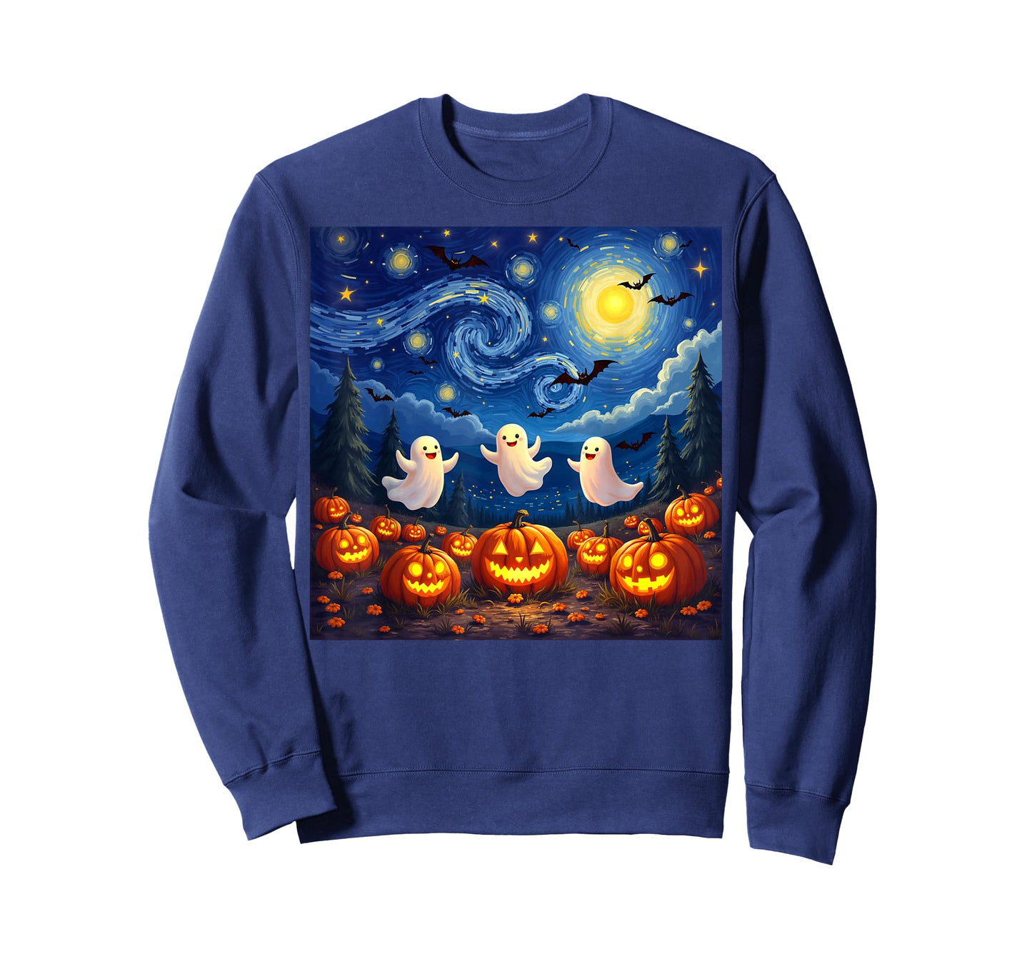 boo ghost halloween pumpkin Starry Night Van Gogh men women T-Shirt