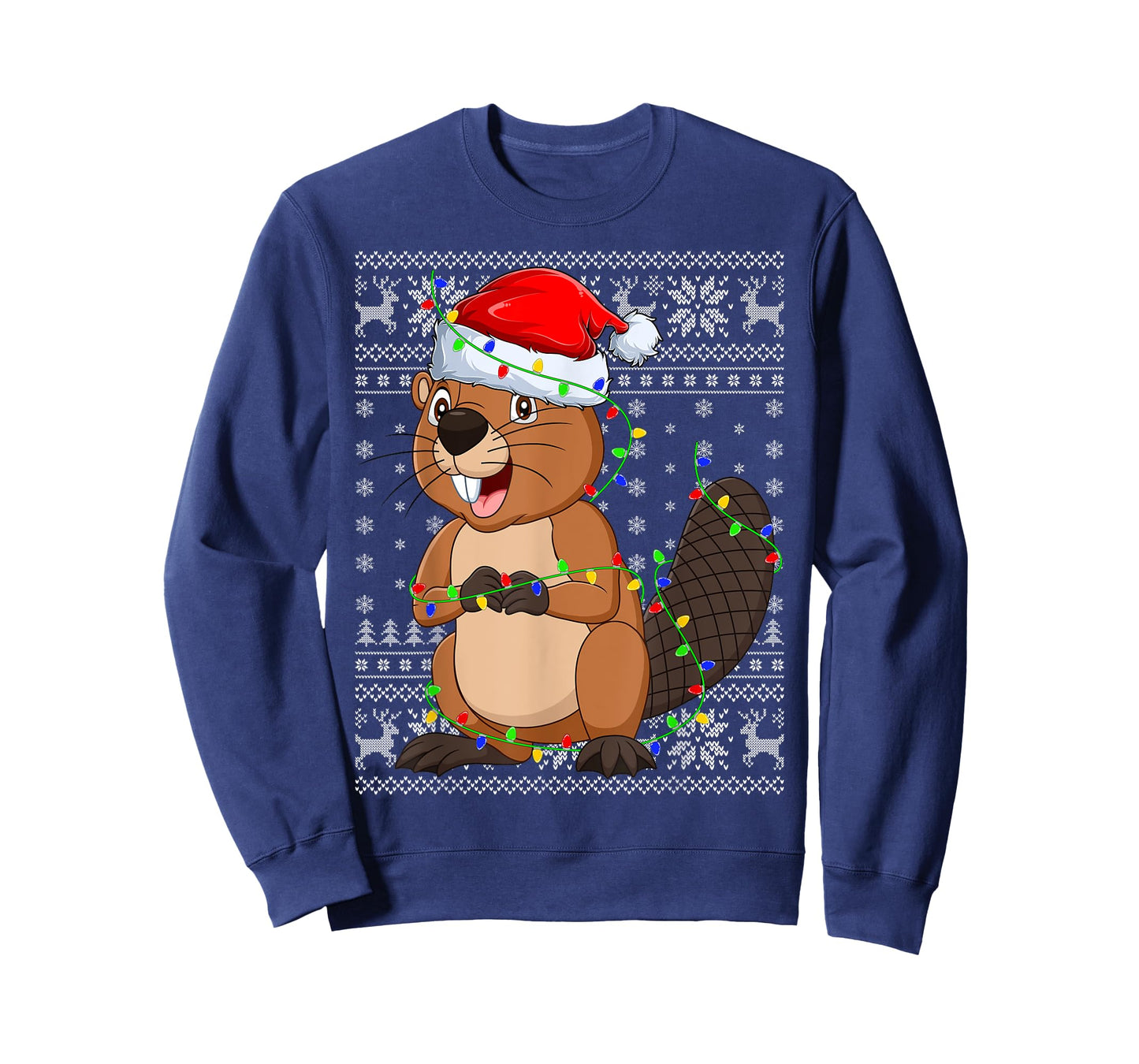 Ugly Sweater Xmas Lights Santa Hat Beaver Christmas T-Shirt