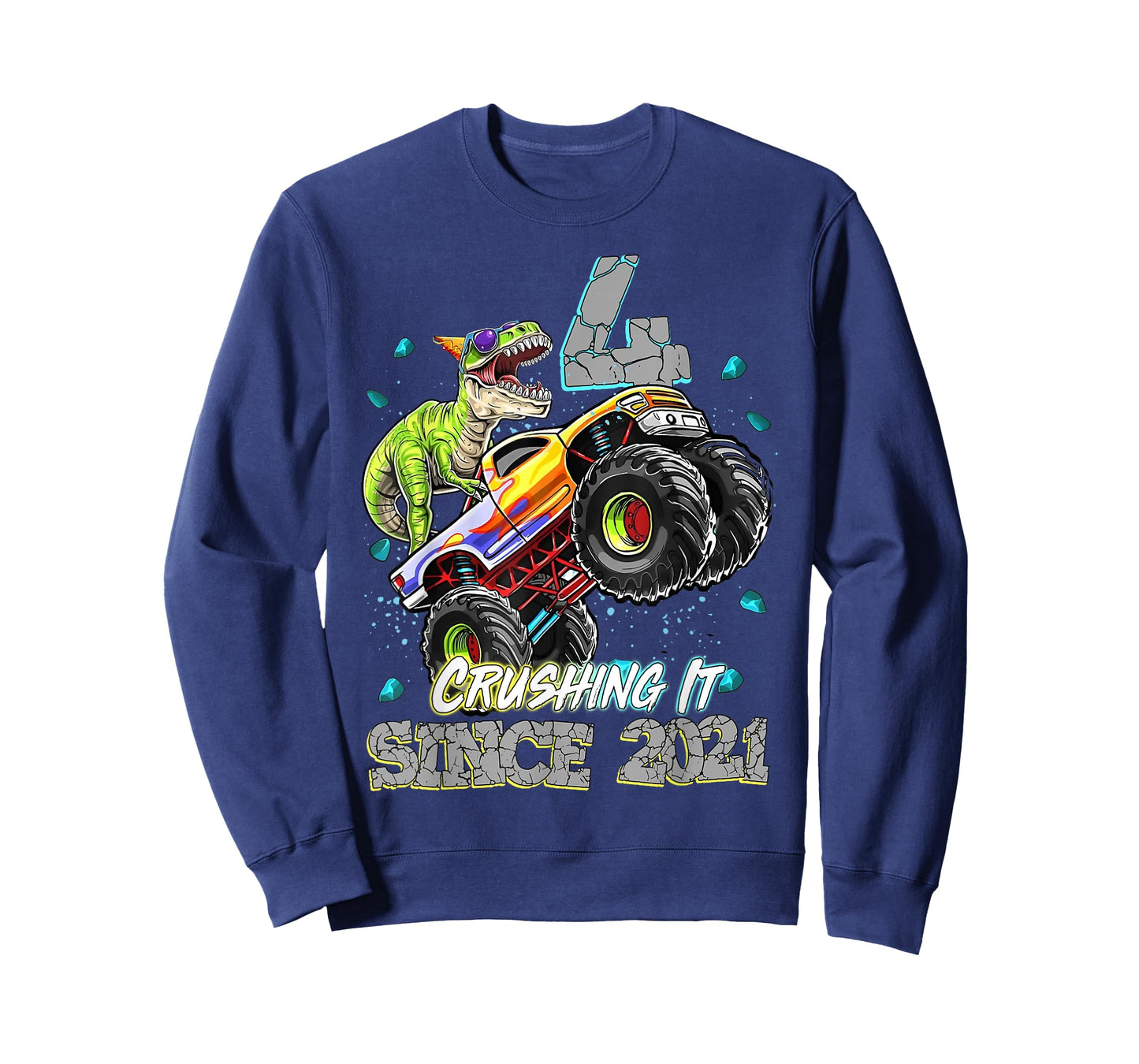 4th Birthday Since 2021 Monster Truck Dinosaur Birthday Boy T-Shirt