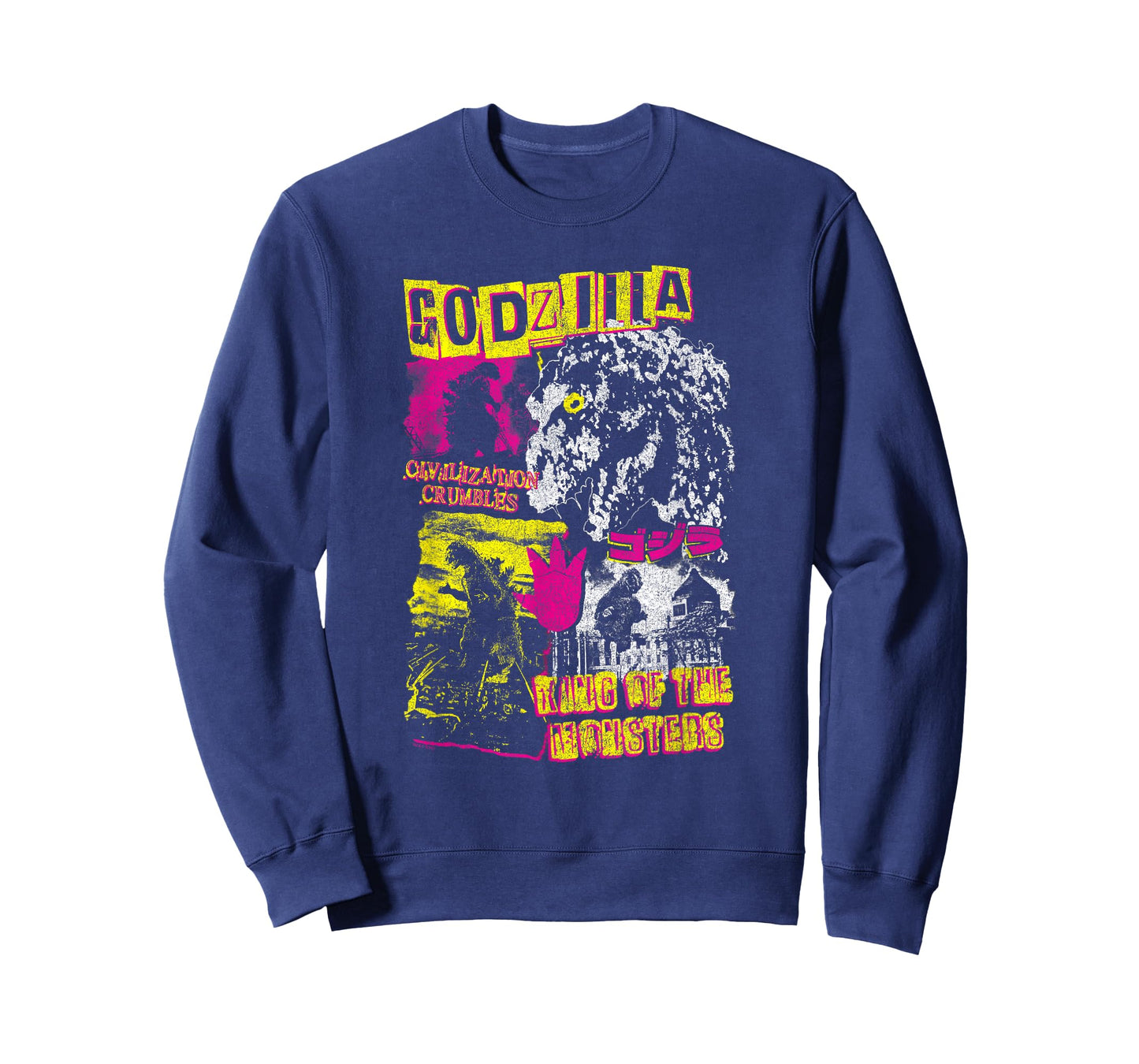 Godzilla Civilization Crumbles Neon Collage Retro Movie T-Shirt