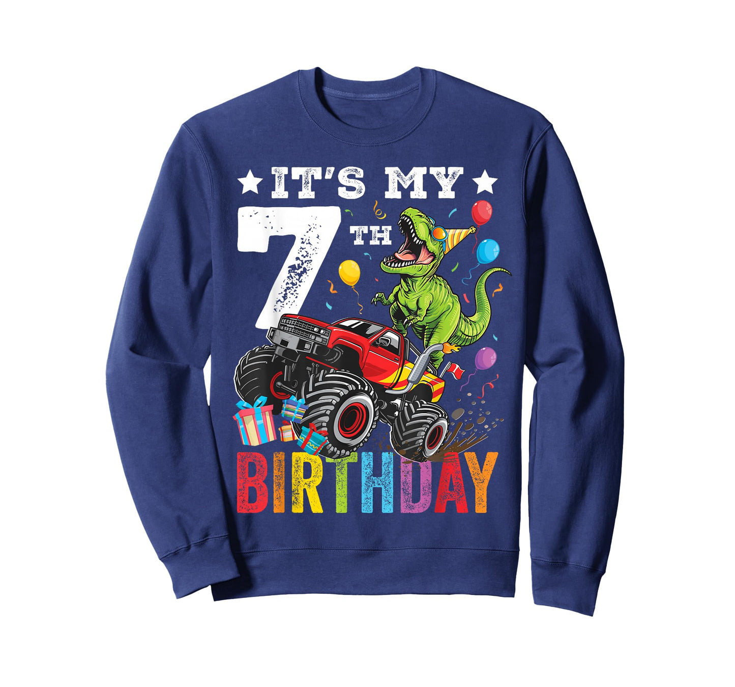 Seven 7th Birthday Dinosaur Monster Truck T-Shirt