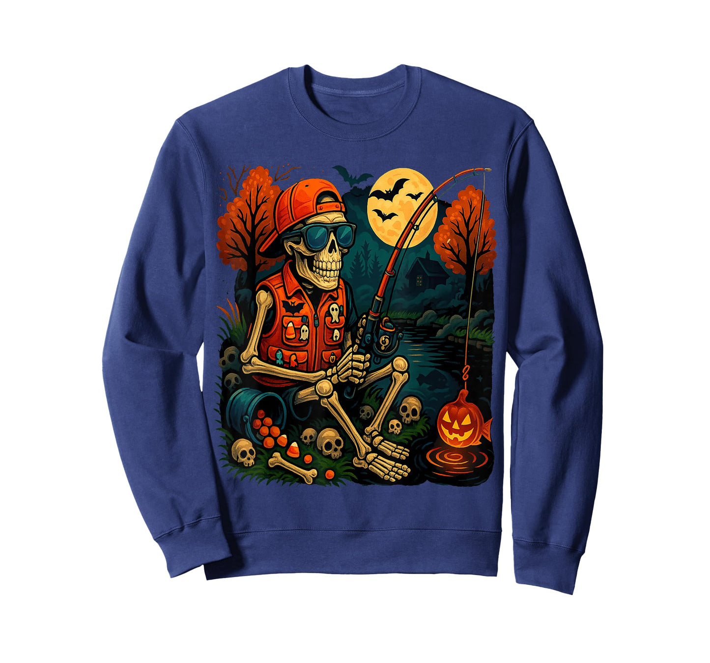 Skeleton Fishing Halloween Costume Funny Fish Men Boys Kids T-Shirt