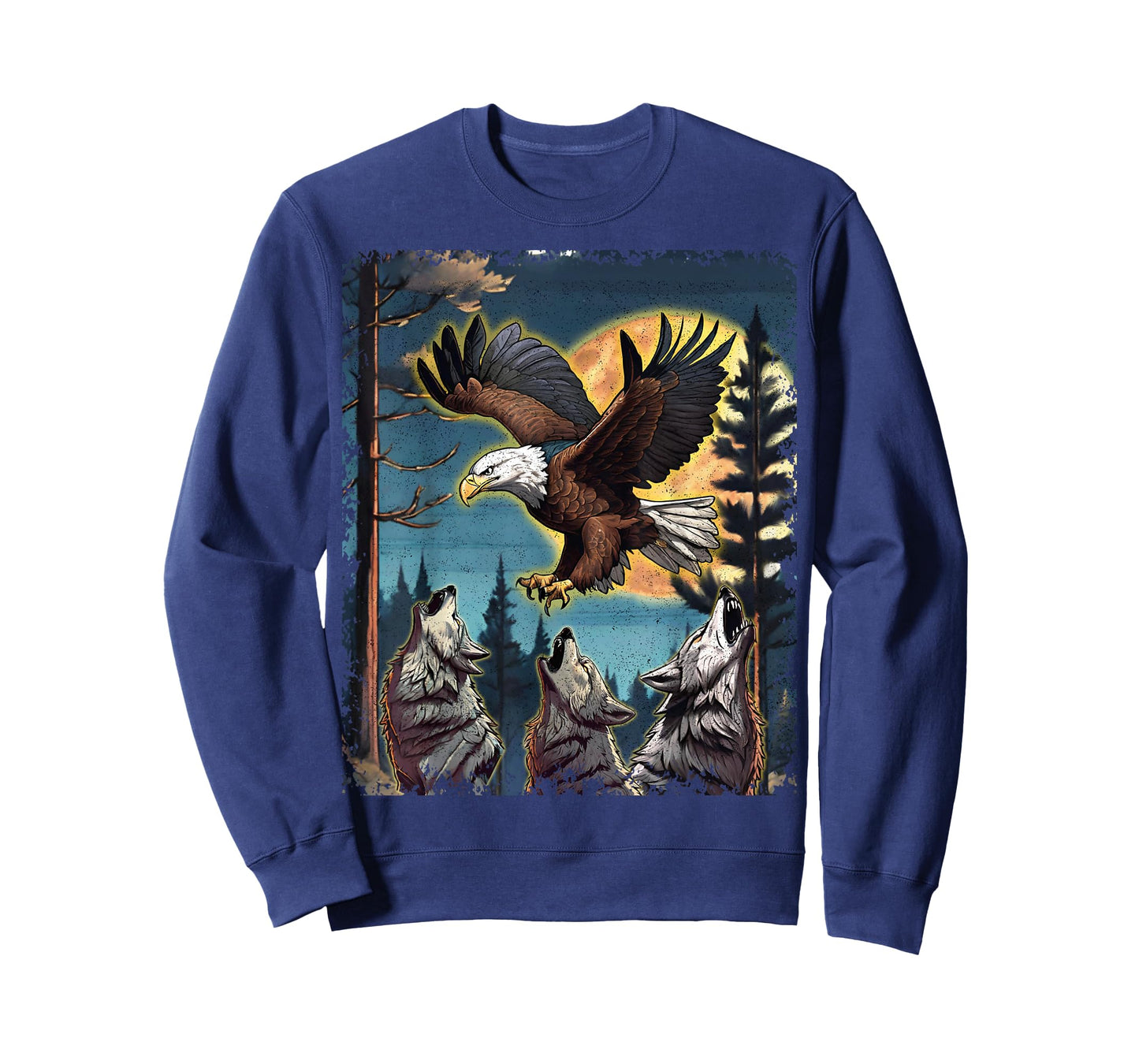 Three Wolves Howling Moon American Bald Eagle Nature Print T-Shirt