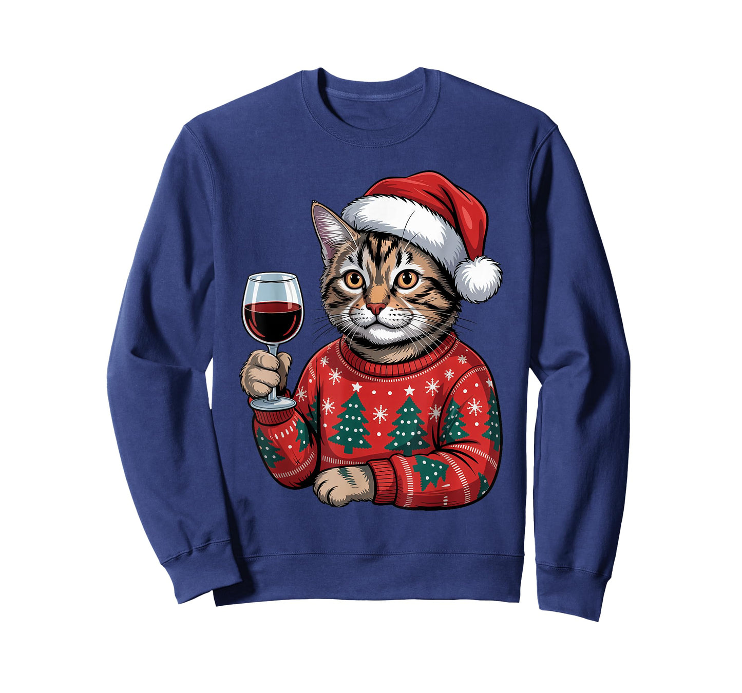 Christmas Santa Cat Drinking Wine Pajama Ugly Xmas Sweater T-Shirt